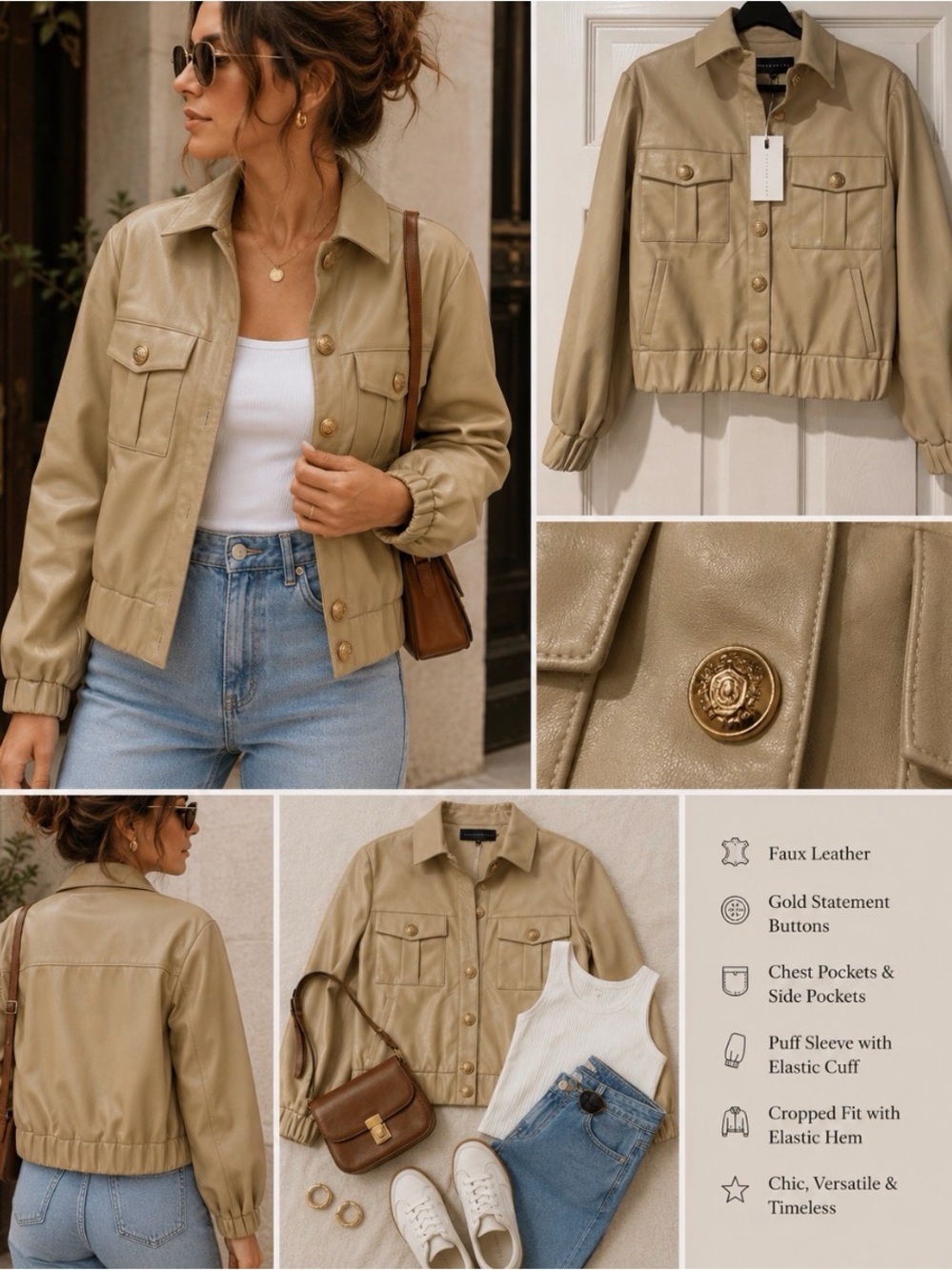 Endless Rose Beige Faux Leather Jacket with Gold Buttons